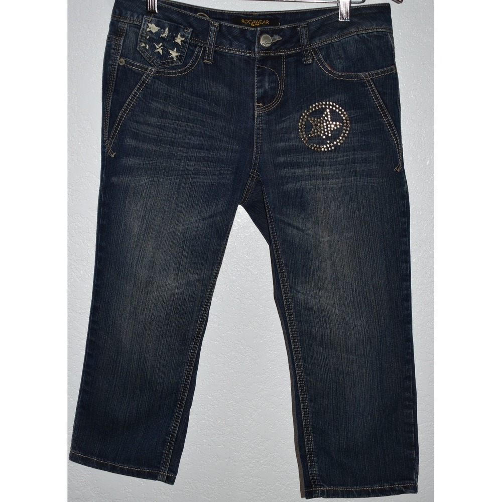 Rocawear 7 Capri Stretch Jeans Patriotic FLAG Rhinestone Star Embroidered Y2K